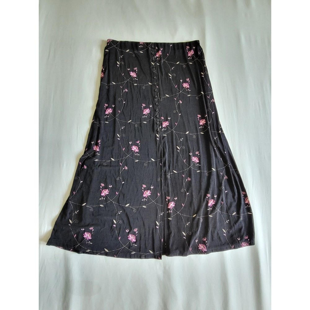 1990's Briggs New York Womens XL Black Pink Floral Embroidered Button Maxi Skirt
